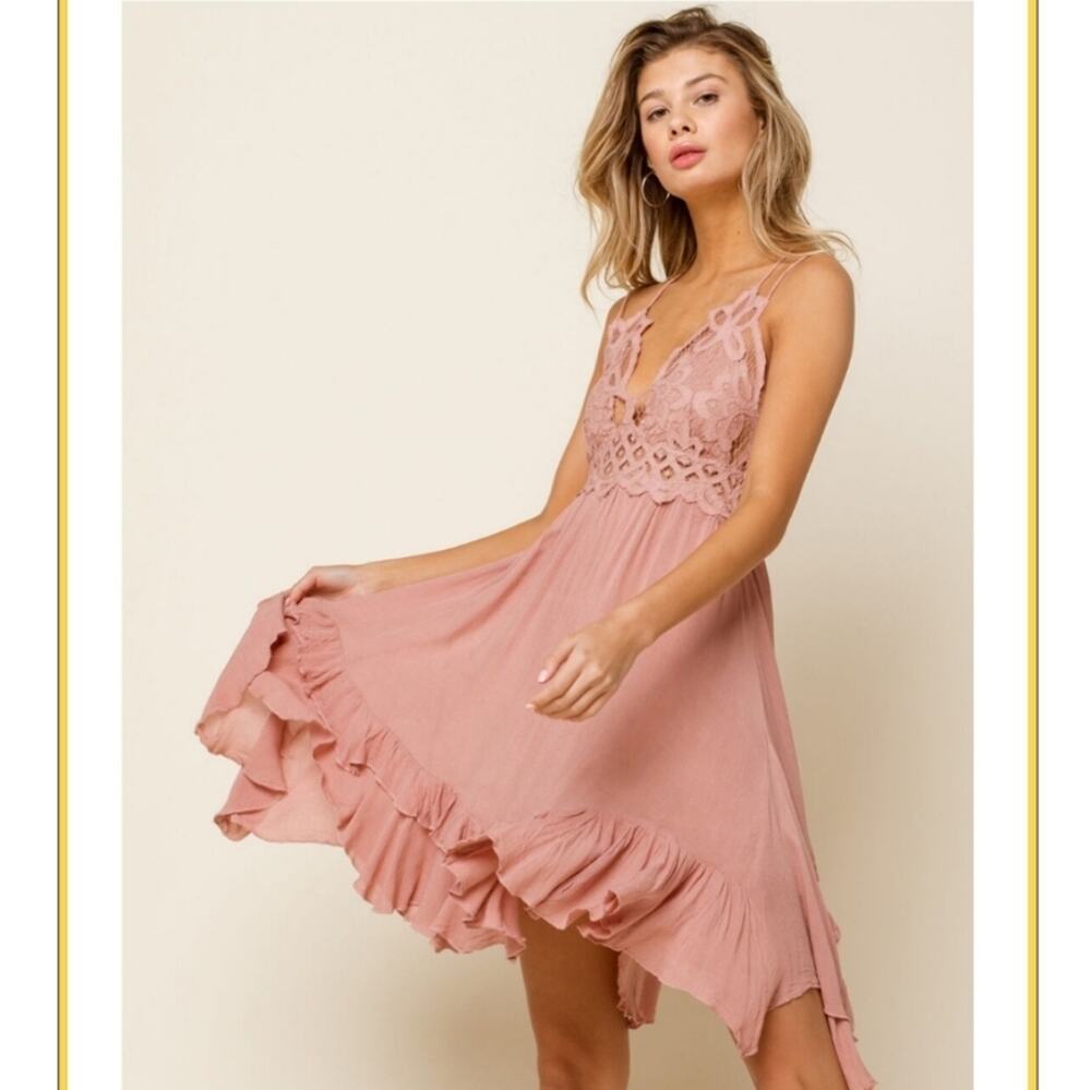 Free People Adella Slip Mini Dress Size XS Rose Pink Boho Romantic Smocked